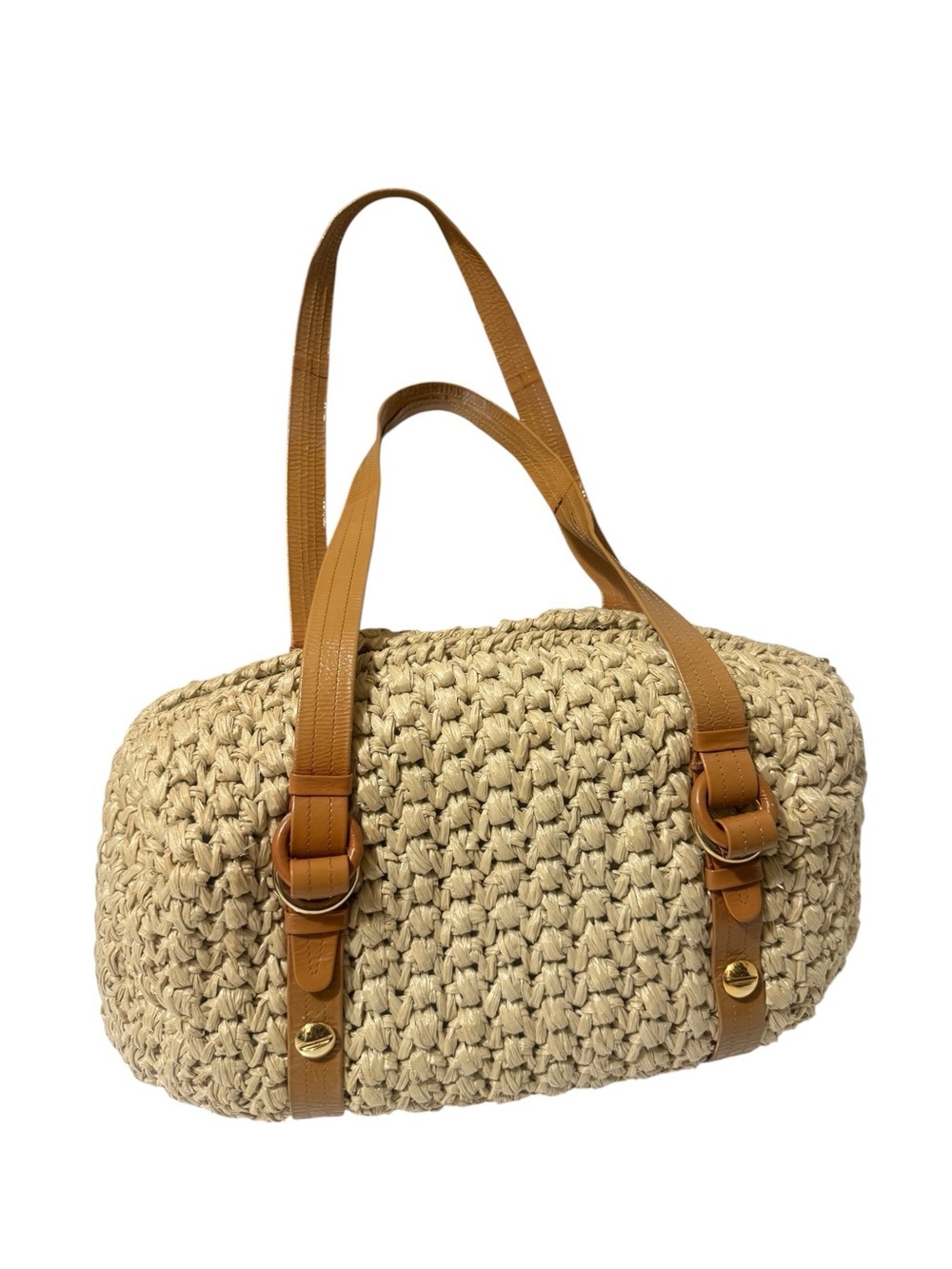 Rodo Italian woven raffia bag with crocheted leather straps, and an interior.